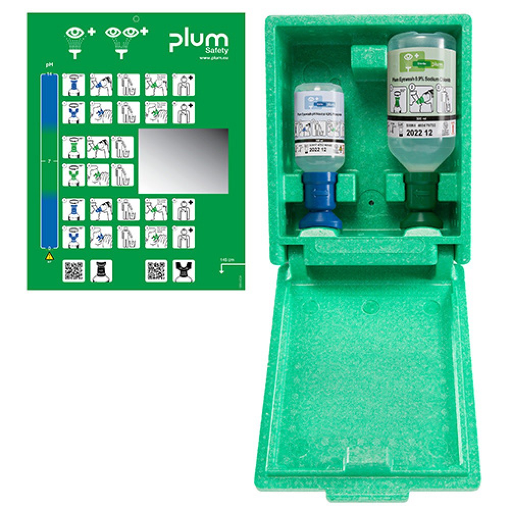 Illustration du produit: Station d’urgence plum dans une caisse murale anti-poussière avec miroir, solution de chlorure de sodium 500 ml, solution tampon phosphatée 200 ml
