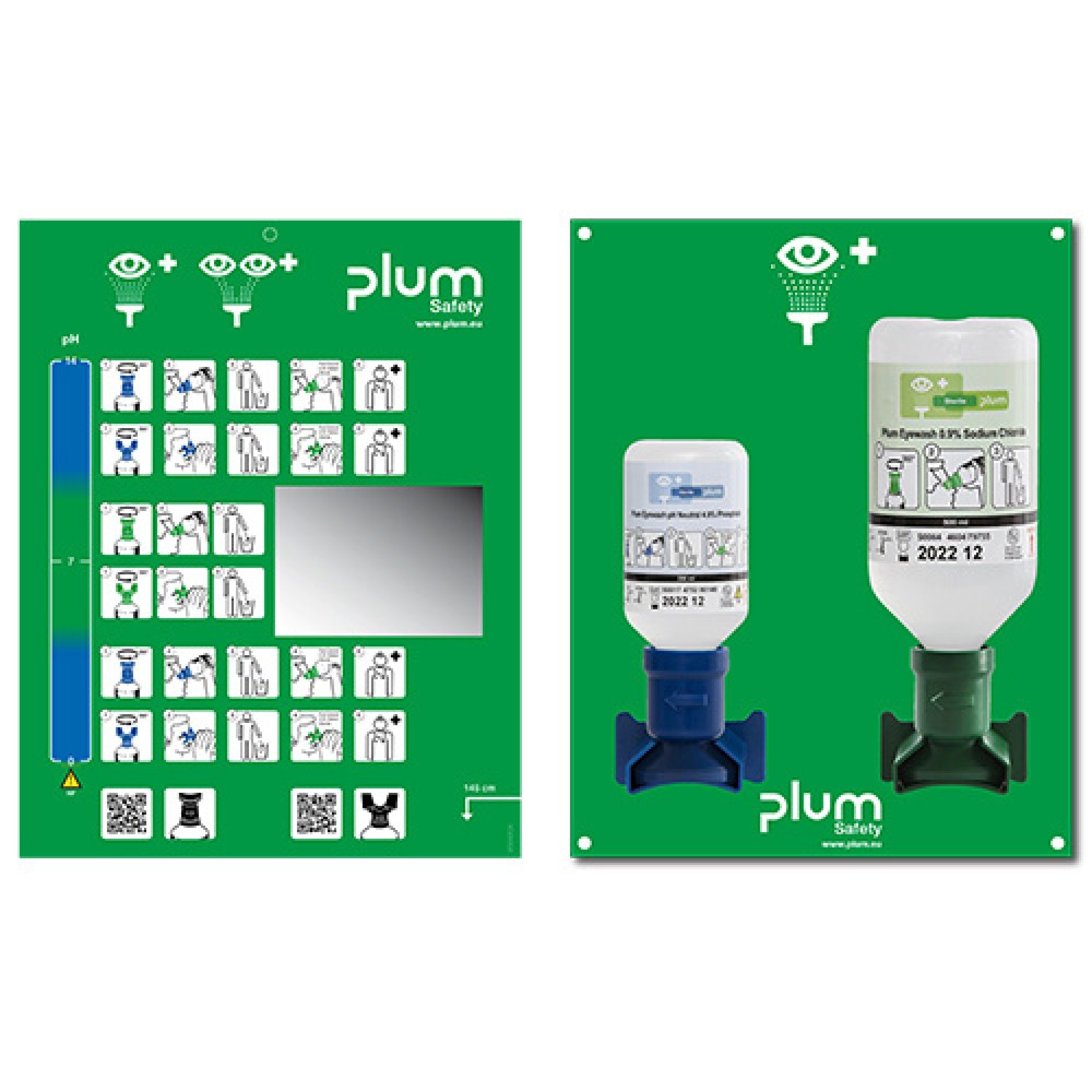 Illustration du produit: Station de lavage oculaire plum, station d’urgence avec miroir, solution de chlorure de sodium 500 ml, solution tampon phosphatée 200 ml