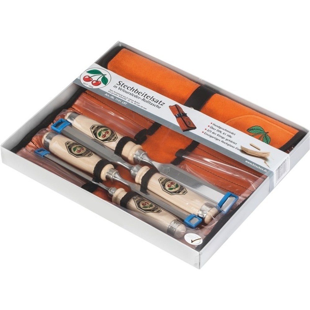Produktabbildung: Stechbeitelsatz 10,16,20,26mm Weißbuchenh.4-tlg.Lederrolltasche