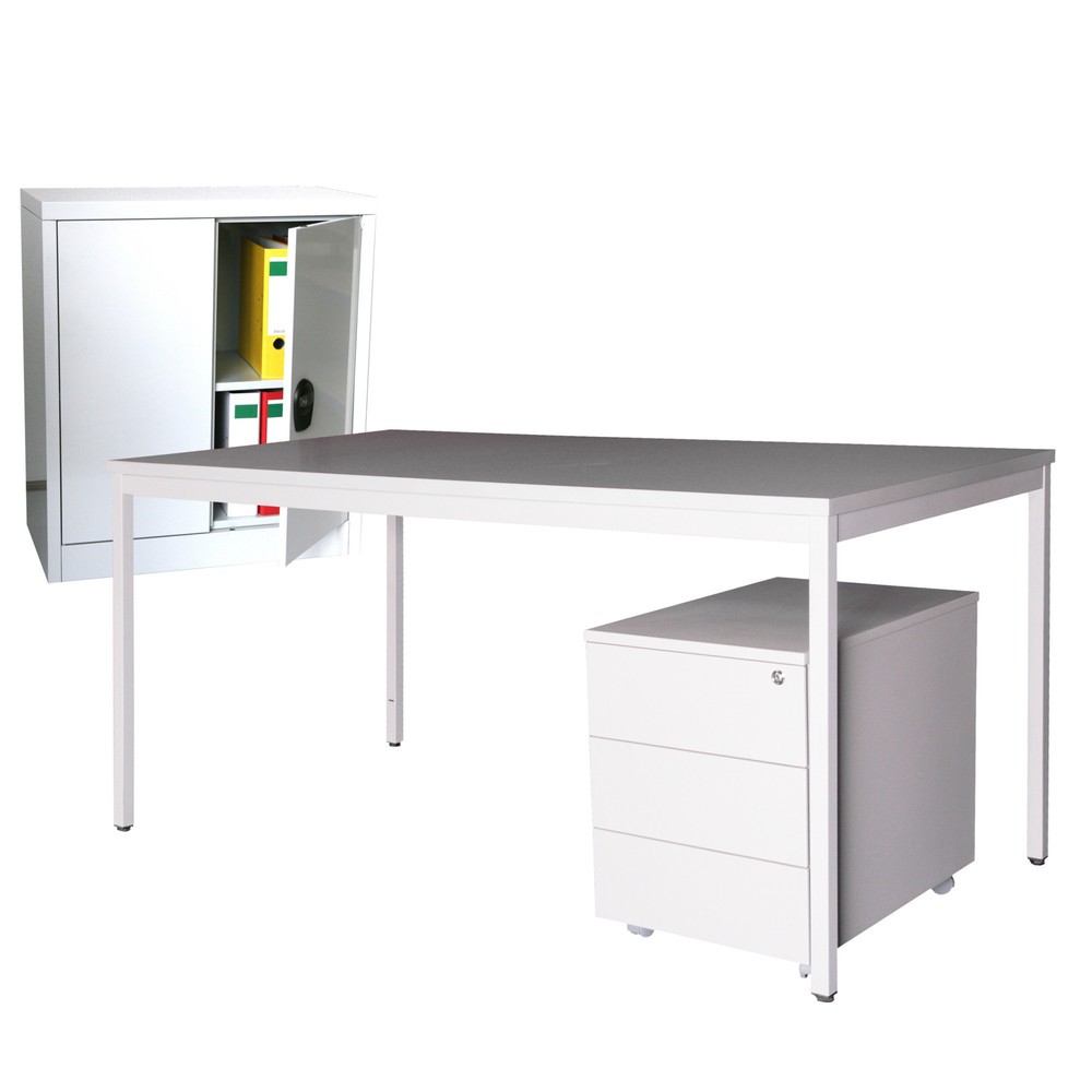 Produktabbildung: Steinbock® Einrichtungs-Set, Schreibtisch BxT 1.200 x 800 mm inkl. Rollcontainer + Beistellschrank HxB 900 x 800 mm, lichtgrau