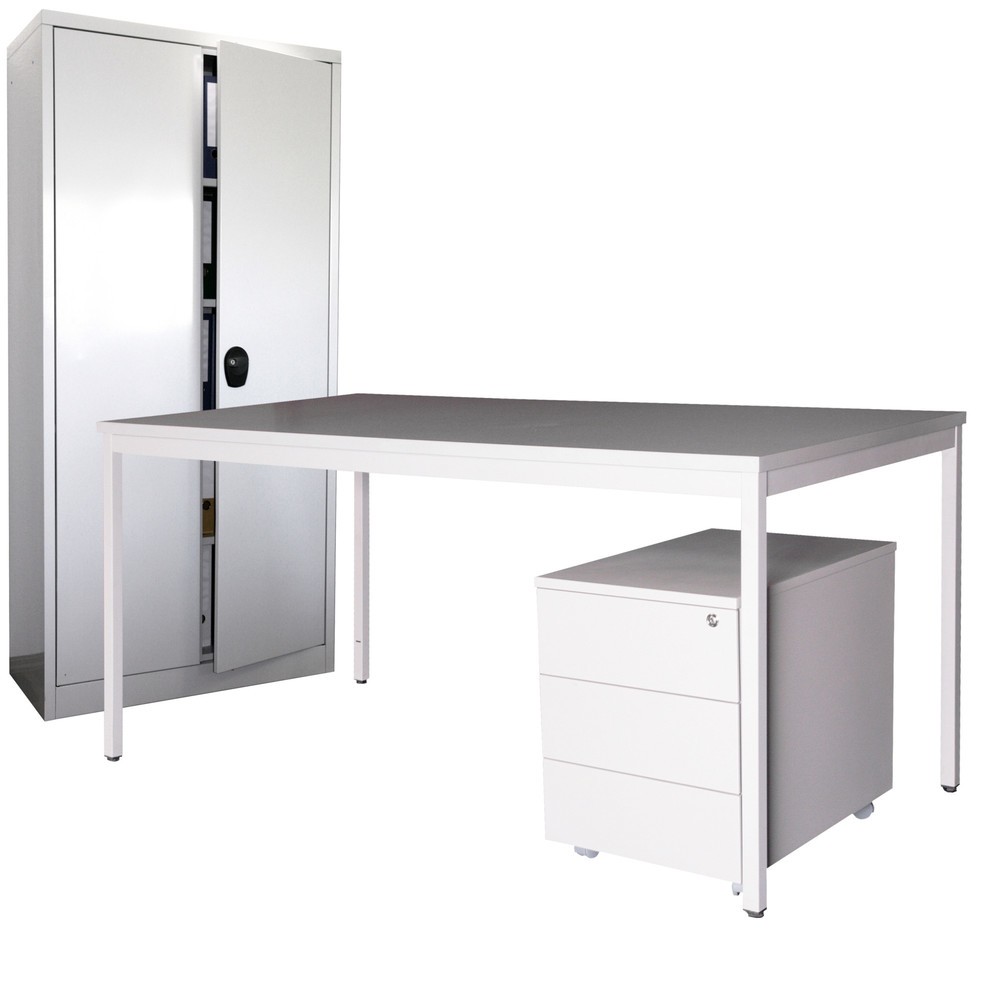 Produktabbildung: Steinbock® Einrichtungs-Set, Schreibtisch BxT 1.200 x 800 mm inkl. Rollcontainer + Flügeltürschrank HxB 1.800 x 800 mm, lichtgrau
