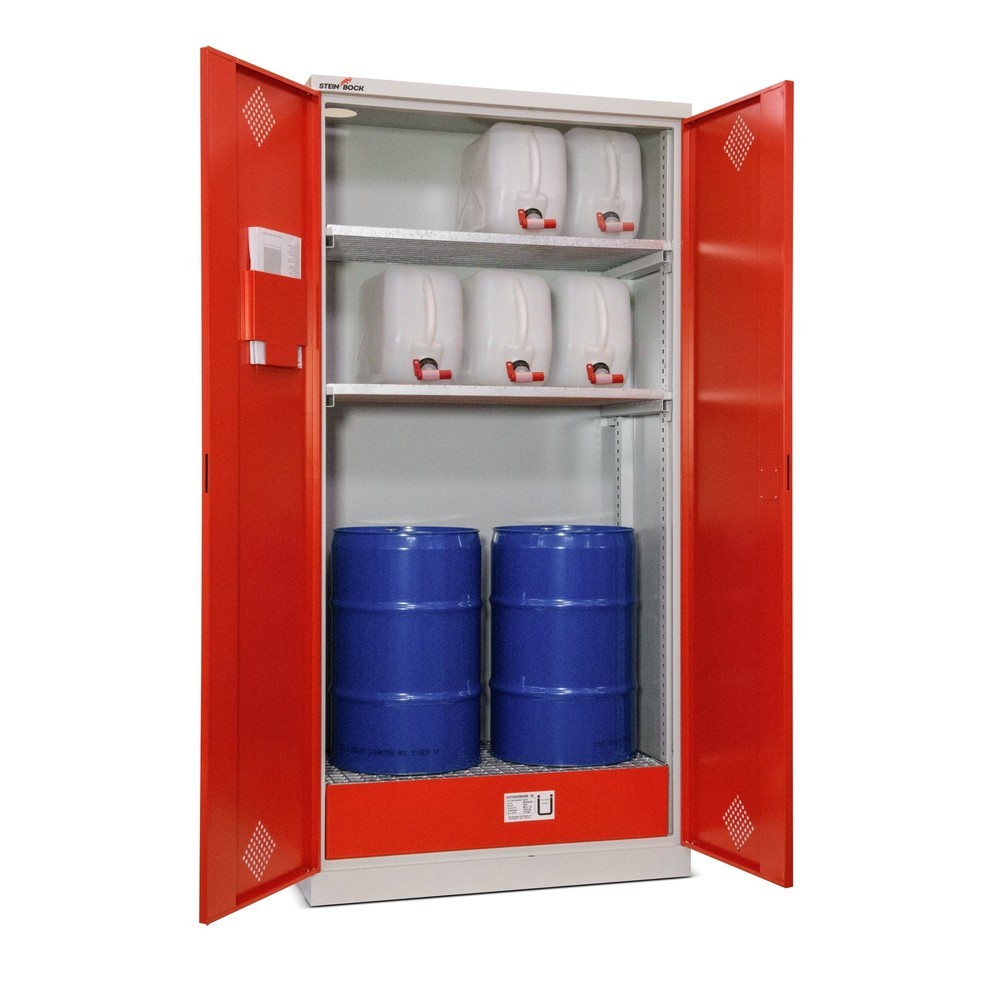 Produktabbildung: Steinbock® Ölschrank, 2 höhenverstellbare Gitterrostböden, 1 Auffangwanne, HxBxT 1.950 x 950 x 500 mm