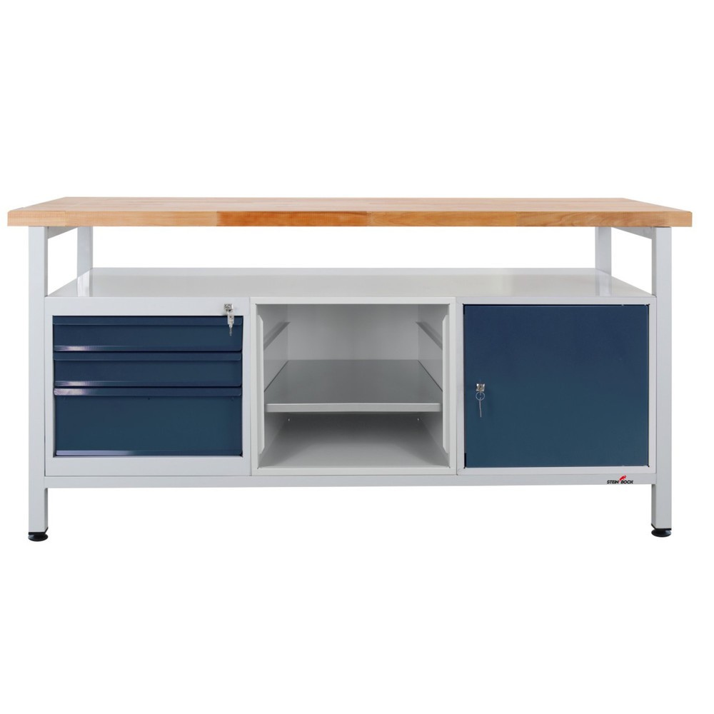 Produktabbildung: Steinbock® Werkbank Extra, 1 Ablage, 3 Schubladen, 1 Regalabteil, 1 Tür, TK 500 kg, HxBxT 840 x 1.700 x 600 mm, RAL 7035/7016