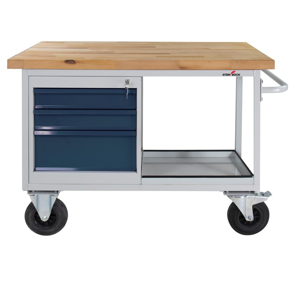Produktabbildung: Steinbock® Werkbank Motion, verfahrbar, 3 Schubladen, TK 500 kg, HxBxT 827 x 1.300 x 600 mm, RAL 7035/7016