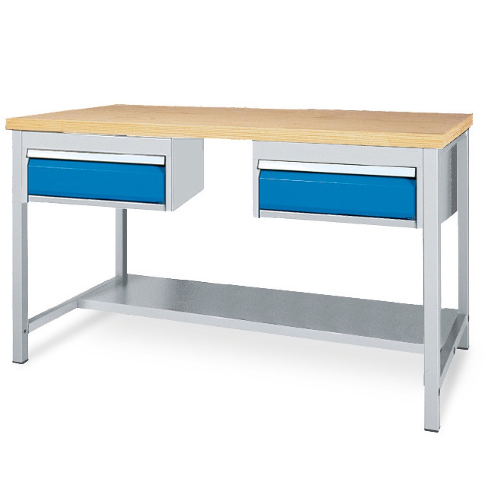 Zdjęcie produktu: Stół ławy warsztatowej Bedrunka+Hirth z półką oraz 2 szufladami, udźwig 200 kg, wys. x szer. x gł. 859 x 2000 x 750 mm