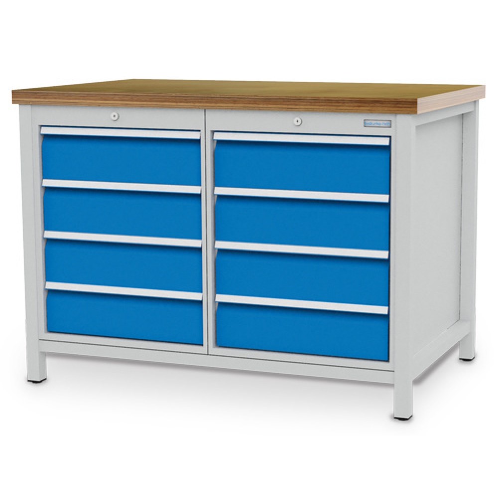 Zdjęcie produktu nr 1: Stół warsztatowy Bedrunka+Hirth R 18-24, wys. x szer. x gł. 959 x 1250 x 750 mm, kolor jasnoszary, kolor jasnoniebieski, 8 x szuflada 8 x 150 mm