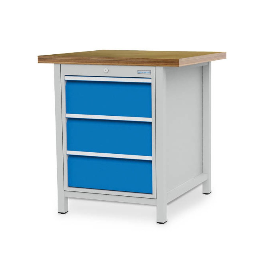 Zdjęcie produktu: Stół warsztatowy Bedrunka+Hirth R 18-24, wys. x szer. x gł. 959 x 810 x 750 mm, kolor jasnoszary, kolor jasnoniebieski, 3 x szuflada 3 x 200 mm