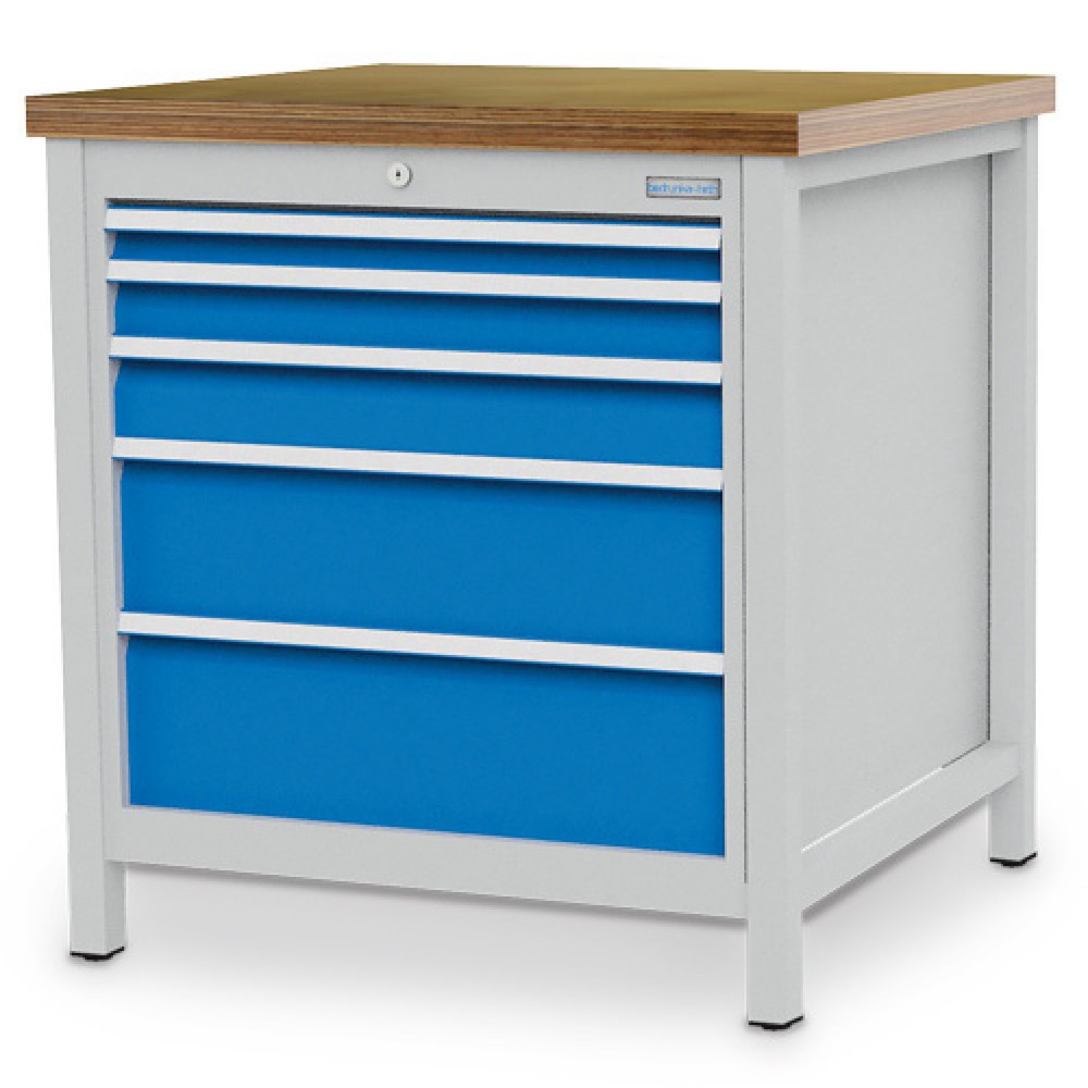 Zdjęcie produktu nr 1: Stół warsztatowy Bedrunka+Hirth R 24-24, wys. x szer. x gł. 859 x 810 x 750 mm, kolor jasnoszary, kolor jasnoniebieski, 5 x szuflada, 1 x 50 + 1 x 75 + 1 x 100 + 1 x 175 + 1 x 200 mm