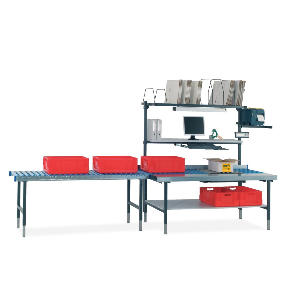 Zdjęcie produktu nr 2: Rocholz stół do pakowania SYSTEM 2000 z ręczną regulacją wysokości, z przenośnikiem rolkowym, powierzchnią roboczą i wagą, wys. x szer. x gł. 690–960 x 1955 x 920 mm