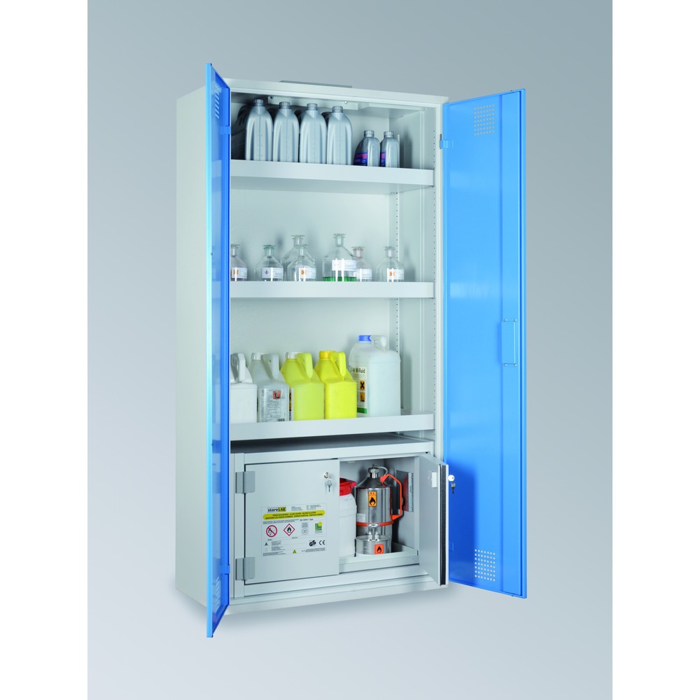 Produktabbildung: storeLAB Chemikalienschrank CHS 950 / SiB 30 mit Sicherheitsbox, HxBxT 1950 x  950 x 500 mm, RAL 7035 lichtgrau, RAL 5015 himmeblau