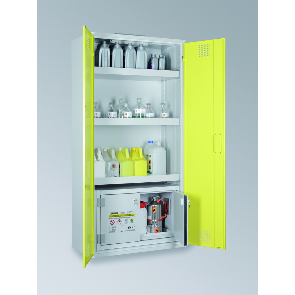storeLAB Chemikalienschrank CHS 950 / SiB 30 mit Sicherheitsbox, HxBxT 1950 x 950 x 500 mm, RAL 7035 lichtgrau, RAL 1018 zinkgelb Produktabbildung Nr. 1: storeLAB Chemikalienschrank CHS 950 / SiB 30 mit Sicherheitsbox, HxBxT 1950 x 950 x 500 mm, RAL 7035 lichtgrau, RAL 1018 zinkgelb