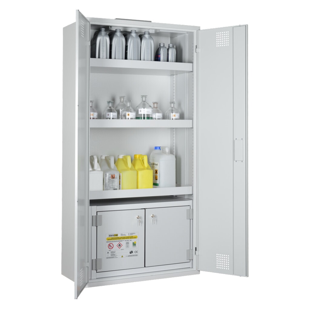 Produktabbildung: storeLAB Chemikalienschrank CHS 950 / SiB 30 mit Sicherheitsbox, HxBxT 1950 x 950 x 500 mm, RAL 7035 lichtgrau, RAL 7035 lichtgrau