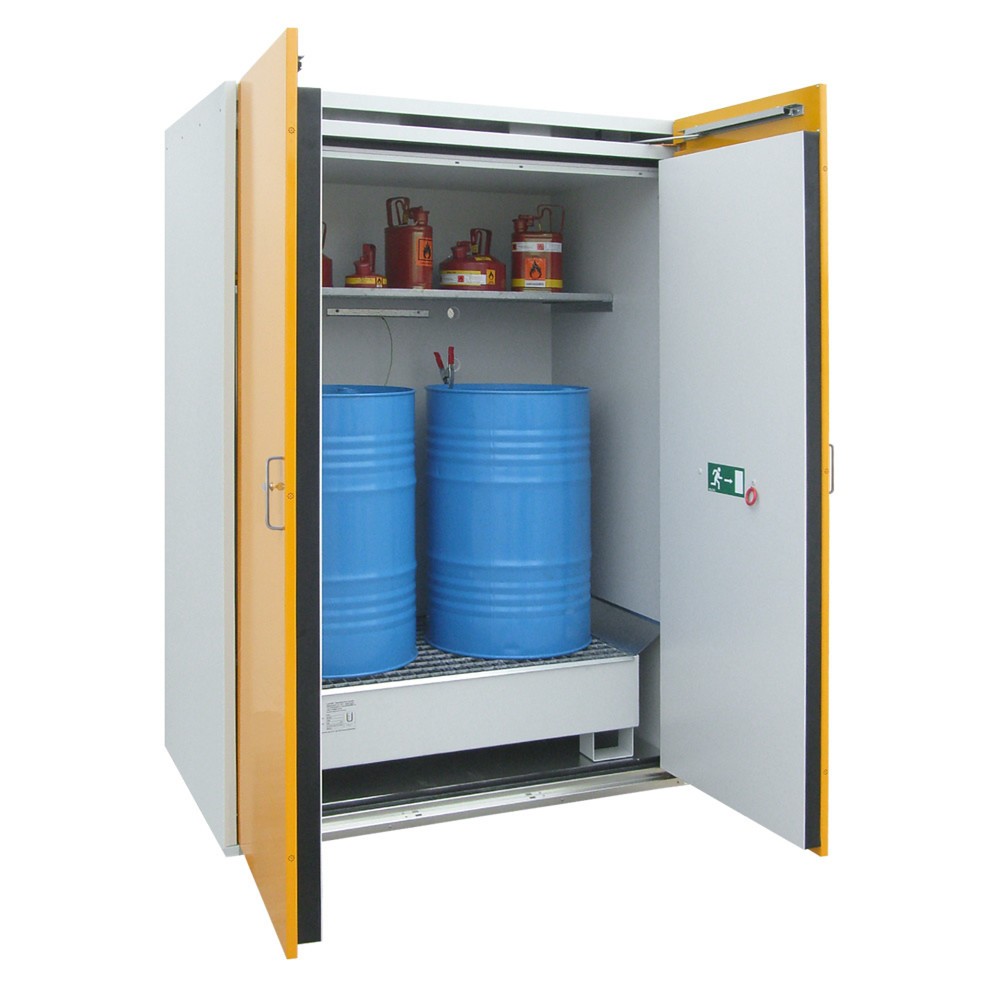 Produktabbildung: storeLAB Sicherheits-Fassschrank SiS-FAS Typ 90 / 1550-CW, HxBxT, 2200 x 1550 x 1025 mm, RAL 7035 lichtgrau, RAL 1007 narzissengelb, unterfahrbar