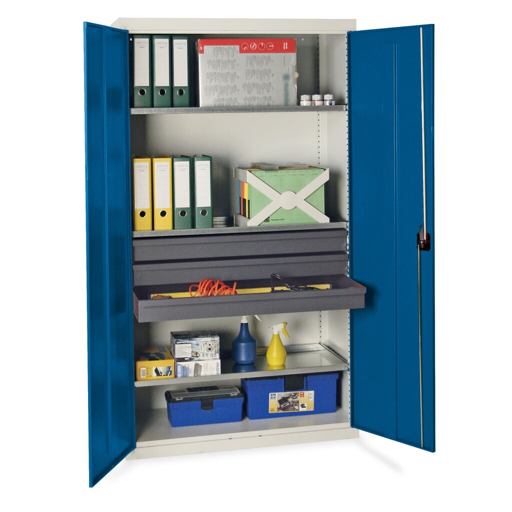 stumpf® Werkstatt-Flügeltürschrank mit 3 Schubladen + 3 Wannen, HxBxT 1.800 x 1.000 x 500 mm, lichtgrau Produktabbildung: stumpf® Werkstatt-Flügeltürschrank mit 3 Schubladen + 3 Wannen, HxBxT 1.800 x 1.000 x 500 mm, lichtgrau