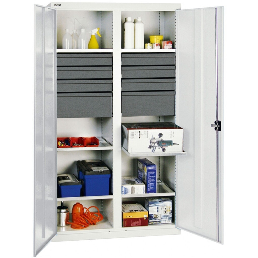 stumpf® Werkstatt-Flügeltürschrank mit 8 Schubladen + 6 Wannen + Trennwand, HxBxT 1.800 x 1.000 x 500 mm, lichtgrau Produktabbildung: stumpf® Werkstatt-Flügeltürschrank mit 8 Schubladen + 6 Wannen + Trennwand, HxBxT 1.800 x 1.000 x 500 mm, lichtgrau