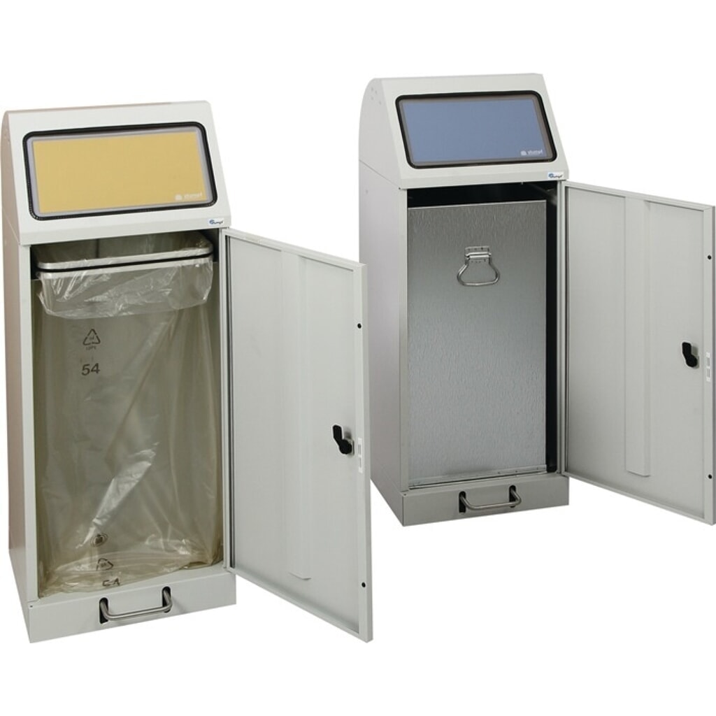 stumpf® Wertstoffsammler, lichtgrau, RAL 7035, 70 l H1000xB400xT380mm, verzinkter Einsatz, mit Trethebel Produktabbildung: stumpf® Wertstoffsammler, lichtgrau, RAL 7035, 70 l H1000xB400xT380mm, verzinkter Einsatz, mit Trethebel