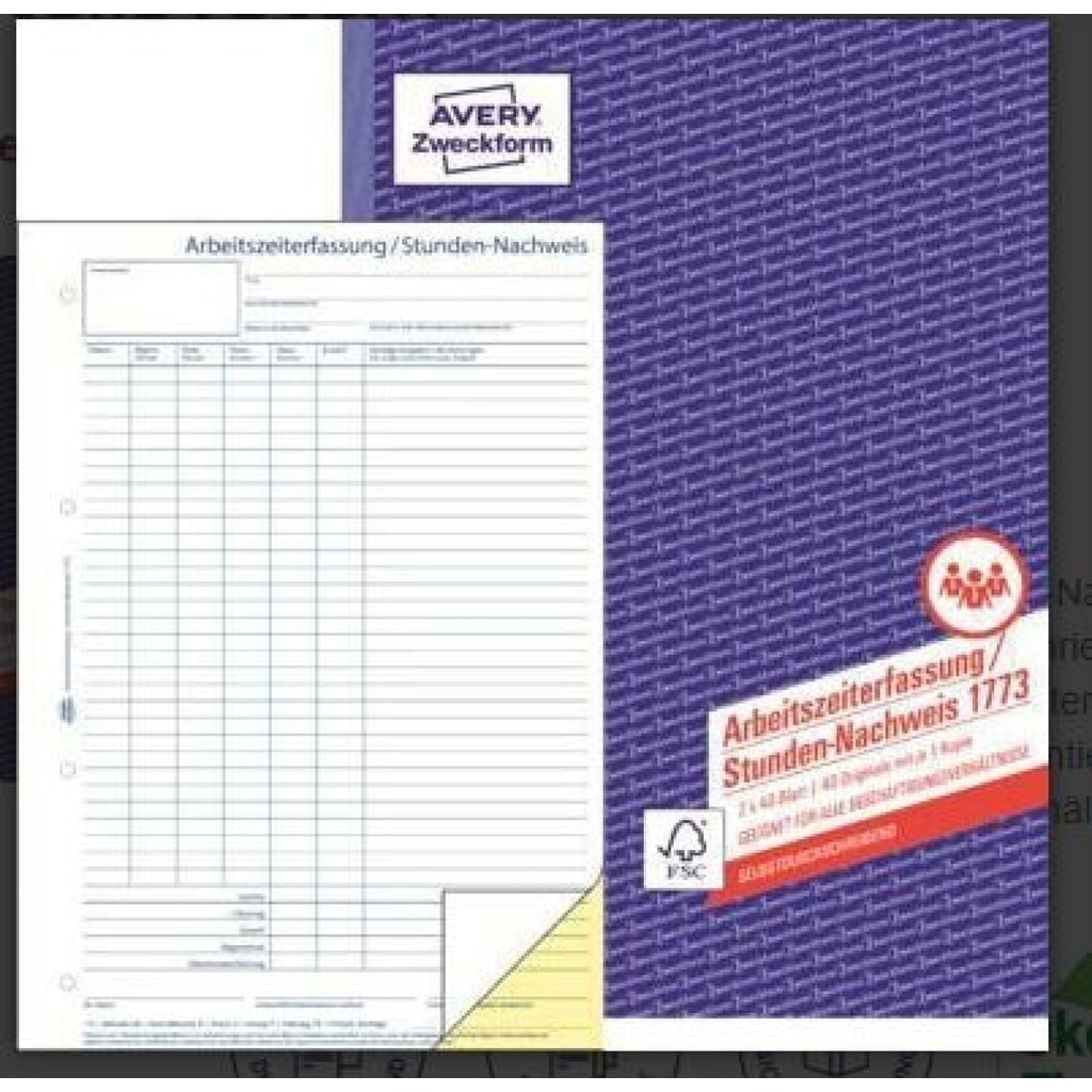 Produktabbildung: Avery Zweckform Stundennachweis 1773 DIN A4 2x40Blatt
