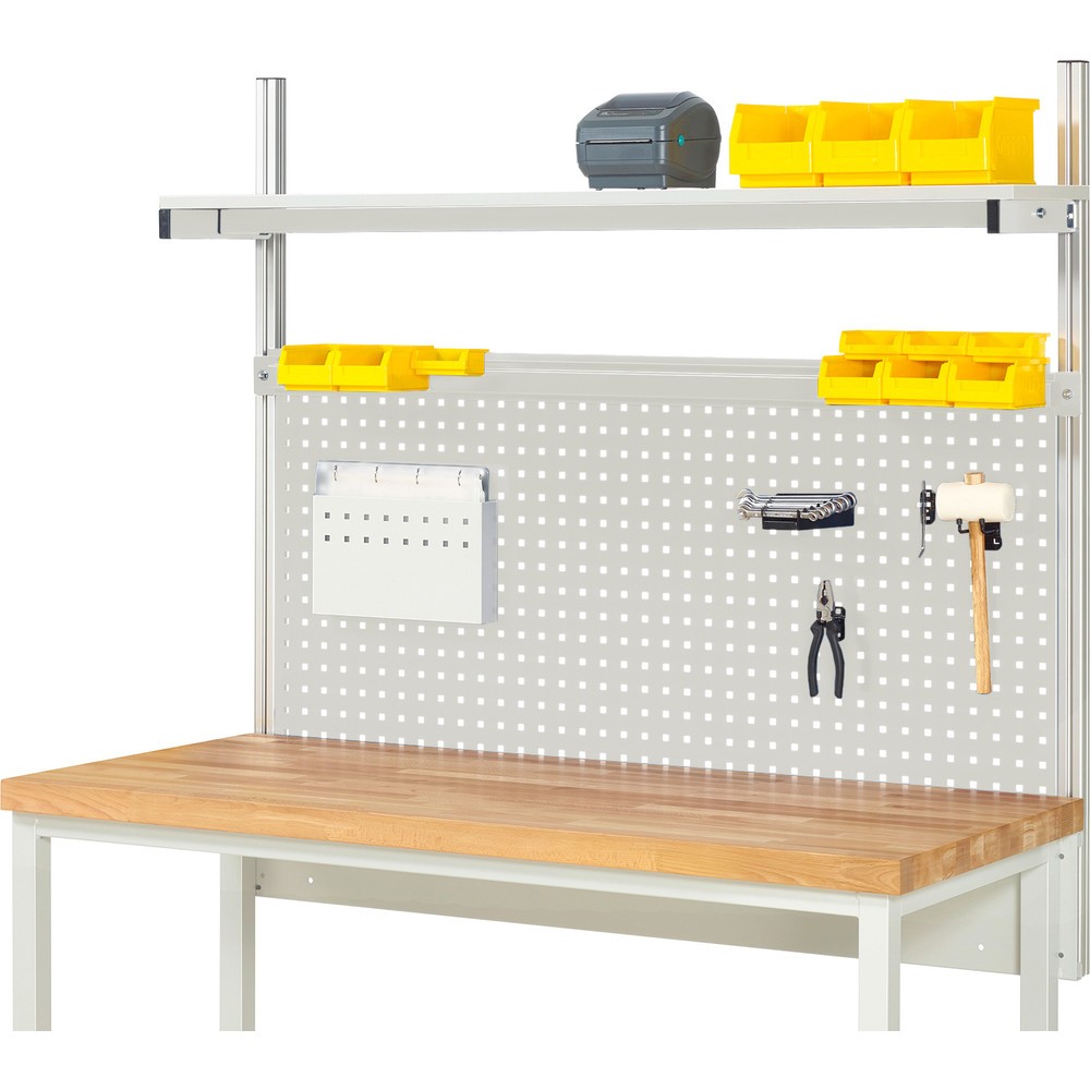 Obrázek produktu: Nástavba pracovního stolu RAU, VxŠxH 1130 x 1500 x 350 mm, 1 etážová police, deska s povrchovou úpravou z melaminové pryskyřice a 1 přídržná lišta, kompletní sada 01 pro šířku výrobku 1500 mm