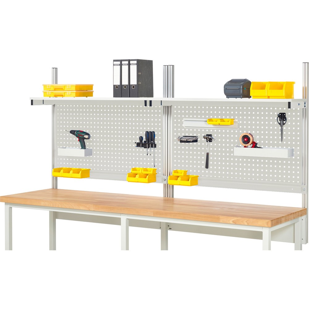 Obrázek produktu: Nástavba pracovního stolu RAU, VxŠxH 1130 x 2500 x 350 mm, 2 etážové police, deska s povrchovou úpravou z melaminové pryskyřice a 2 přídržné lišty, kompletní sada 01 pro šířku výrobku 2500 mm