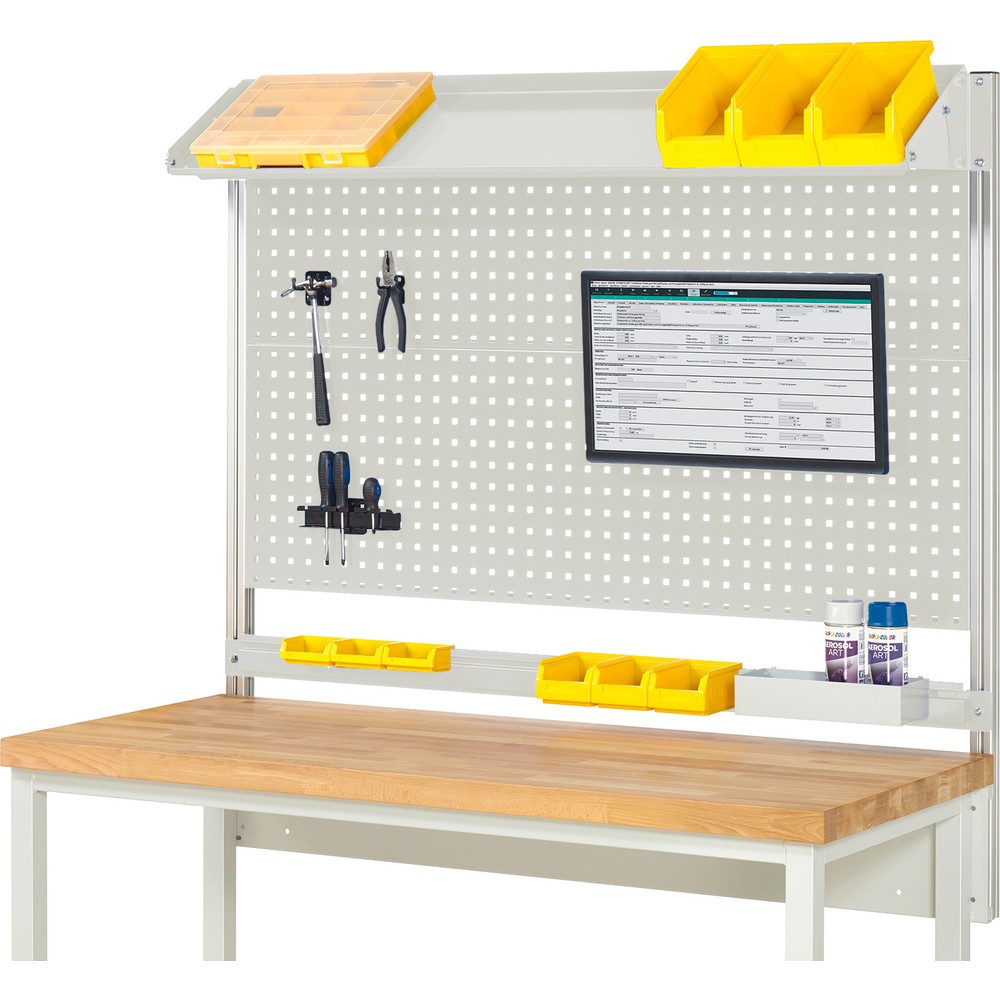 Obrázek produktu: Nástavba pracovního stolu RAU, VxŠxH 1130 x 1500 x 350 mm, 1 sklopná kovová odkládací plocha, 1 přídržná lišta a 1 držák pro plochý monitor, kompletní sada 02 pro šířku výrobku 1500 mm