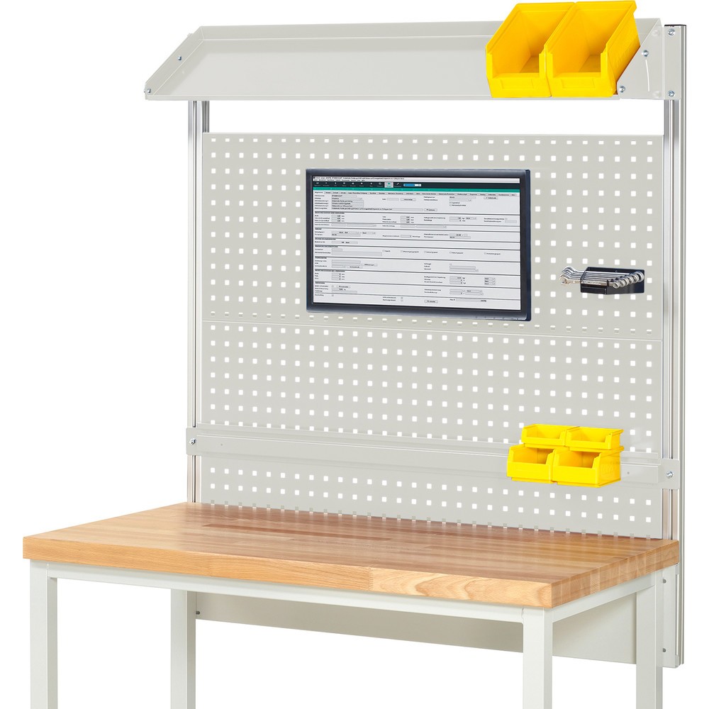 Obrázek produktu: Nástavba pracovního stolu RAU, VxŠxH 1130 x 1250 x 350 mm, 1 sklopná kovová odkládací plocha, 1 přídržná lišta a 1 držák pro plochý monitor, kompletní sada 02 pro šířku výrobku 1250 mm