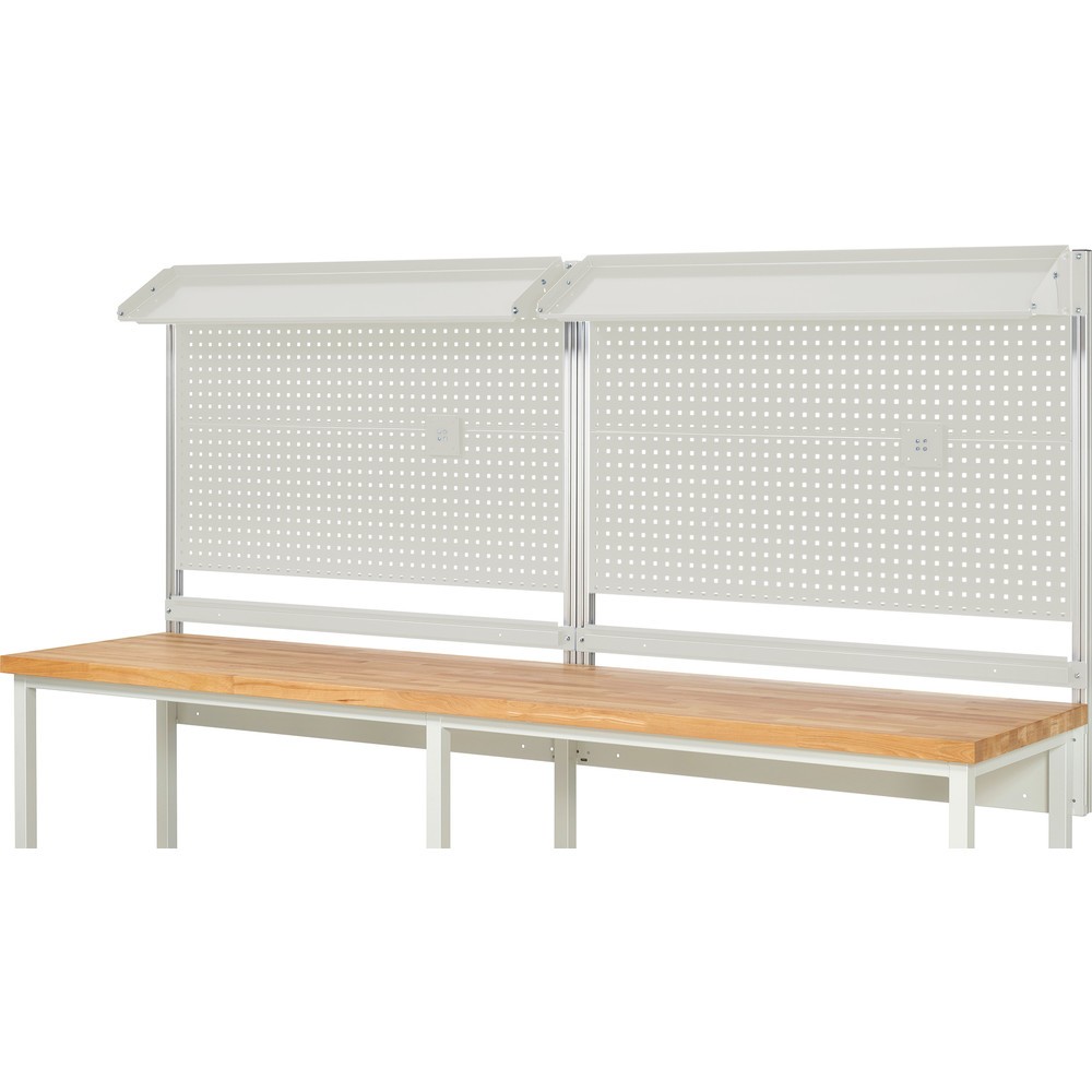Číslo obrázku produktu 2: Nástavba pracovního stolu RAU, VxŠxH 1130 x 3000 x 350 mm, 2 sklopné kovové odkládací plochy, 2 přídržné lišty a 2 držáky pro plochý monitor, kompletní sada 02 pro šířku výrobku 3000 mm