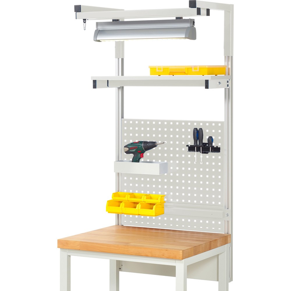 Obrázek produktu: Nástavba pracovního stolu RAU, VxŠxH 1380 x 750 x 350 mm, 1 etážová police, 1 přídržná lišta, 1 pár výložníků a 1 svítidlo, kompletní sada 04 pro šířku výrobku 750 mm