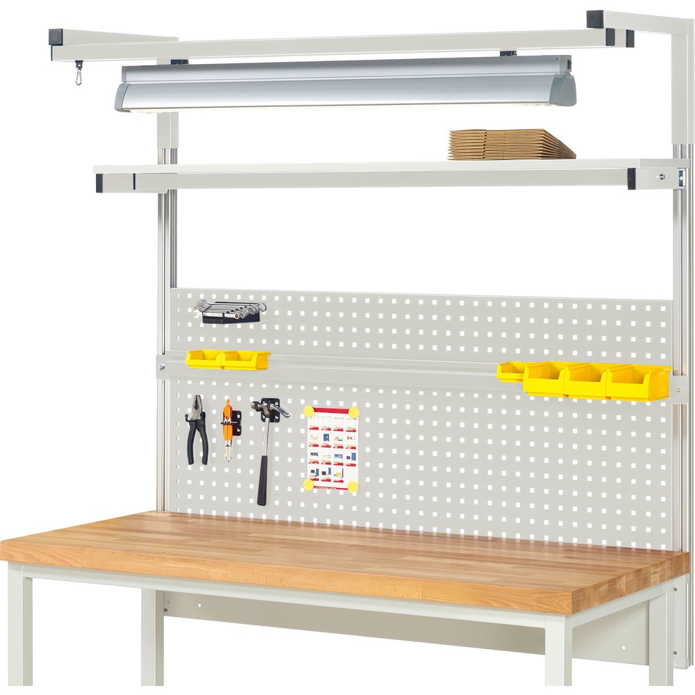 Obrázek produktu: Nástavba pracovního stolu RAU, VxŠxH 1380 x 1500 x 350 mm, 1 etážová police, 1 přídržná lišta, 1 pár výložníků a 1 svítidlo, kompletní sada 04 pro šířku výrobku 1500 mm