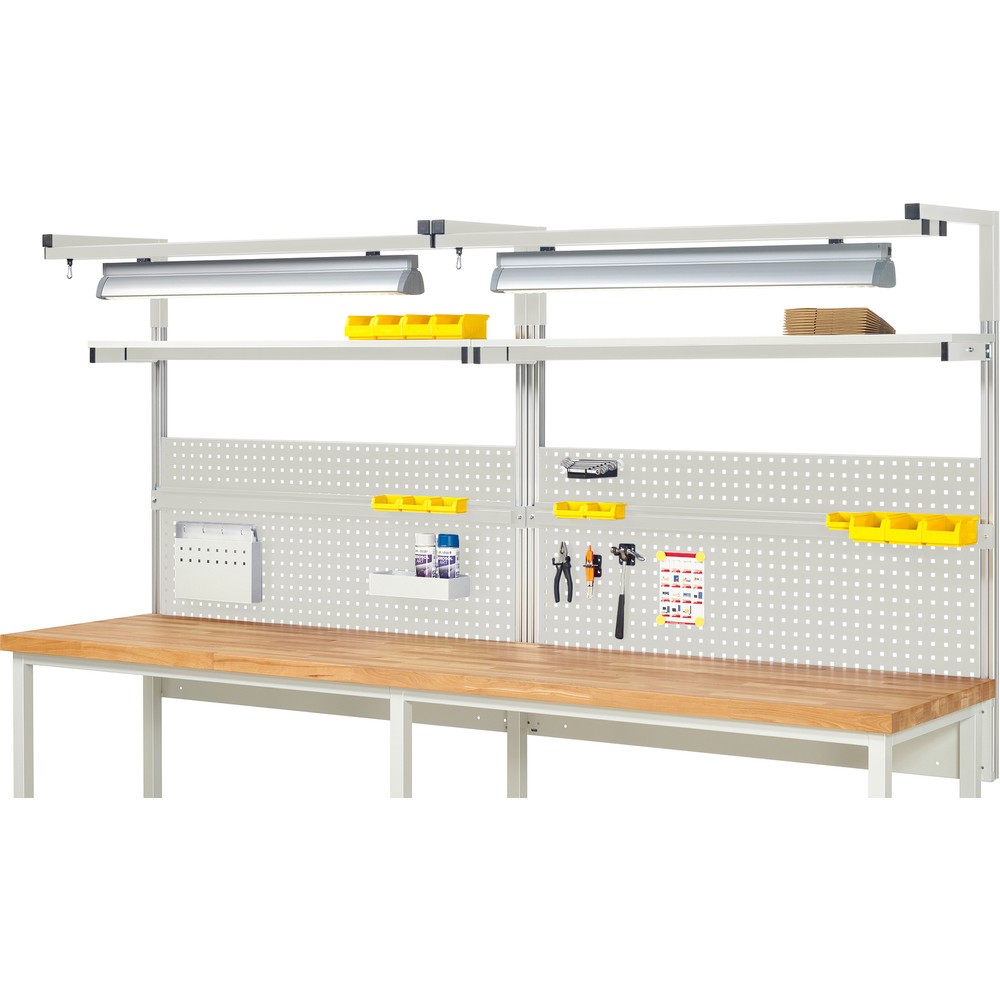 Obrázek produktu: Nástavba pracovního stolu RAU, VxŠxH 1380 x 3000 x 350 mm, 2 etážové police, 2 přídržné lišty, 2 páry výložníků a 2 svítidla, kompletní sada 04 pro šířku výrobku 3000 mm