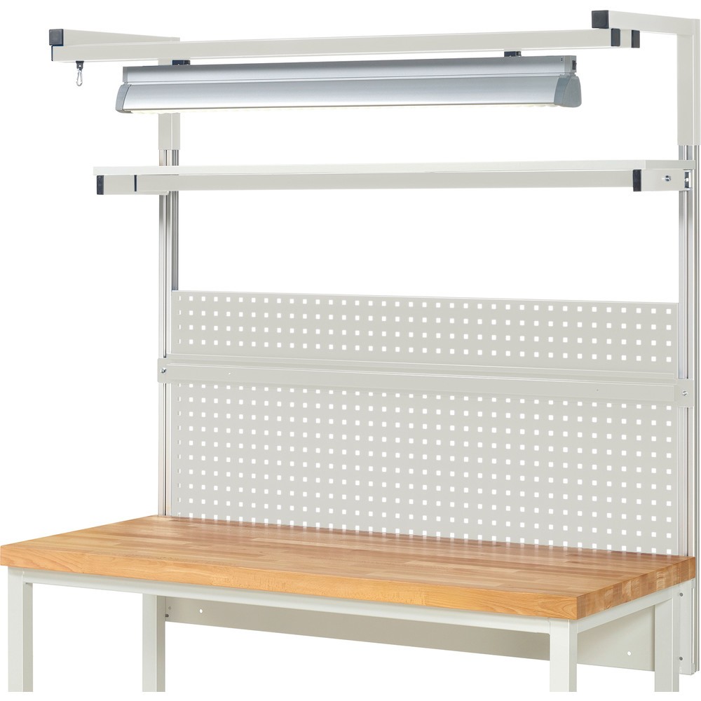 Číslo obrázku produktu 2: Nástavba pracovního stolu RAU, VxŠxH 1380 x 1500 x 350 mm, 1 etážová police, 1 přídržná lišta, 1 pár výložníků a 1 svítidlo, kompletní sada 04 pro šířku výrobku 1500 mm