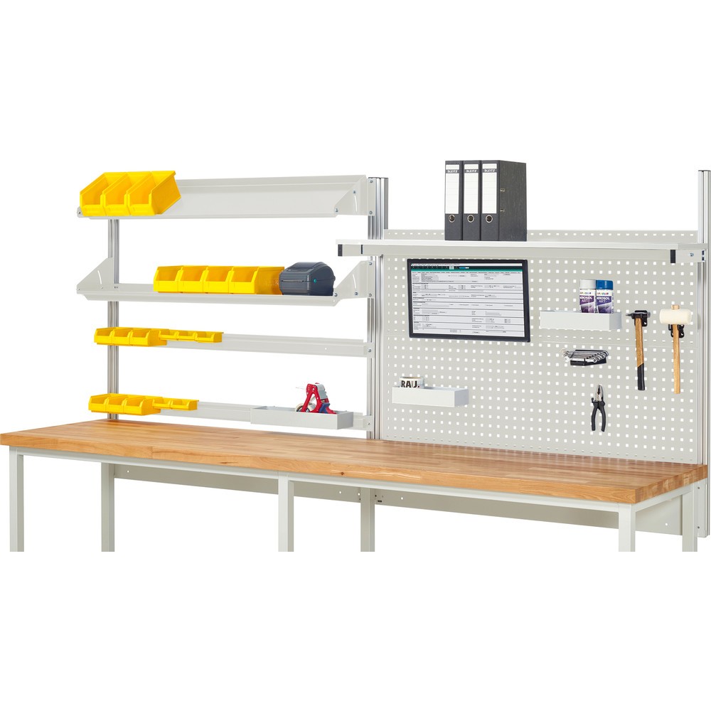 Obrázek produktu: Nástavba pracovního stolu RAU, VxŠxH 1130 x 3000 x 3 000 mm, 1 etážová police, 2 přídržné lišty, 2 naklápěcí odkládací plochy a 1 držák pro plochý monitor, kompletní sada 05 pro šířku výrobku 3000 mm