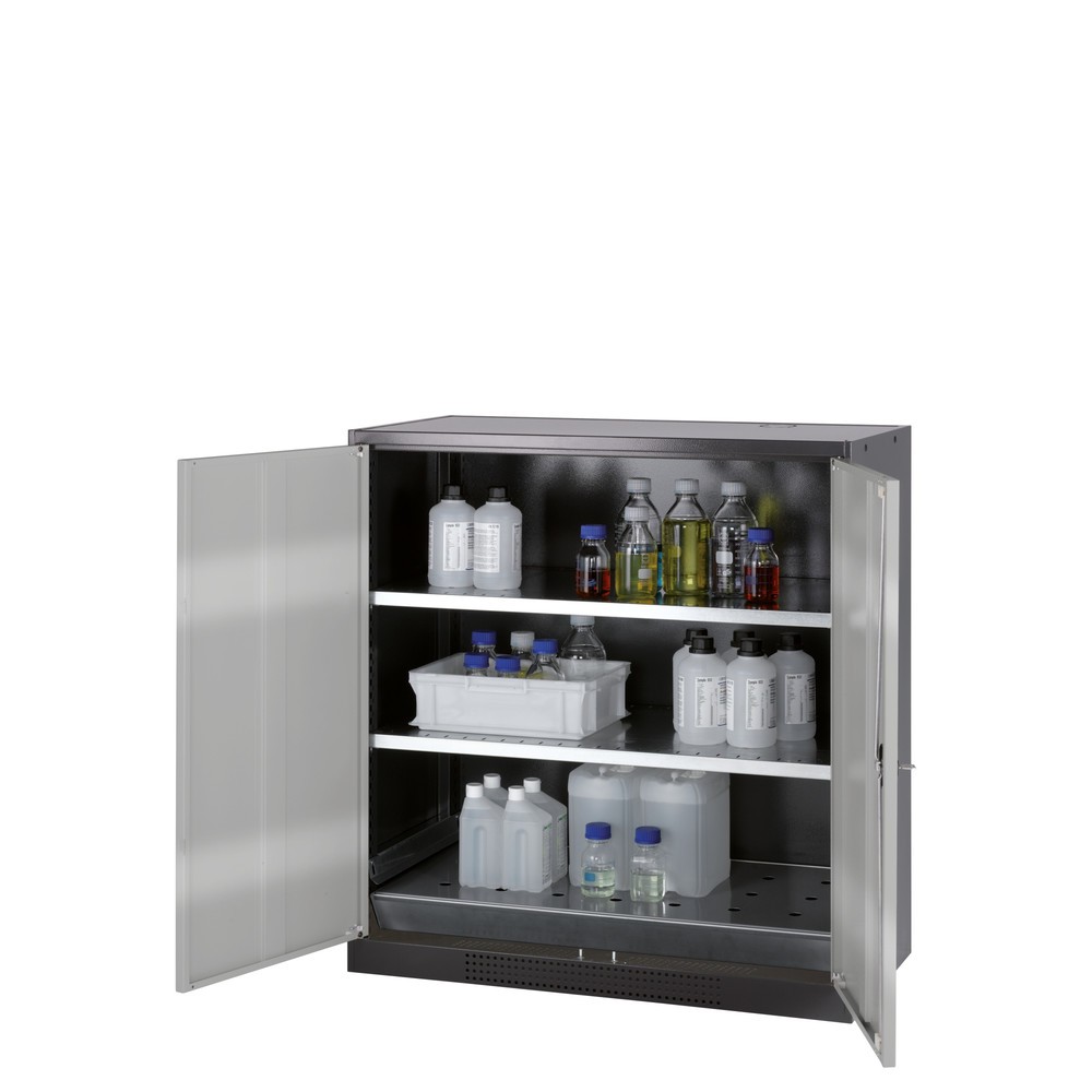 Zdjęcie produktu nr 1: Szafa na chemikalia asecos® CS-CLASSIC, z denną wanną ociekową z blachą dziurkowaną i 2 półkami, wys. x szer. x gł. 1105 x 1055 x 520 mm, kolor czystobiały