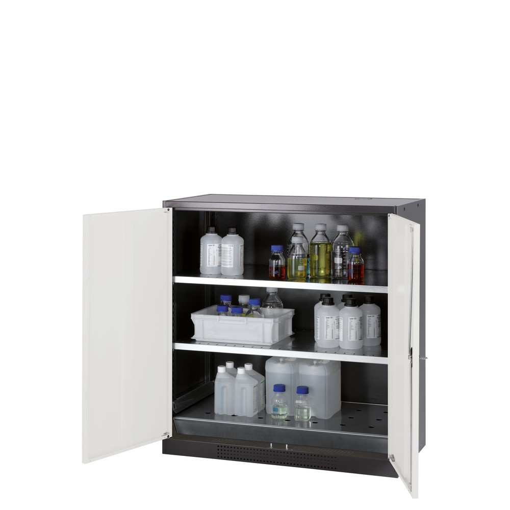 Zdjęcie produktu nr 1: Szafa na chemikalia asecos® CS-CLASSIC, z denną wanną ociekową z blachą dziurkowaną i 2 półkami, wys. x szer. x gł. 1105 x 1055 x 520 mm, kolor srebrny