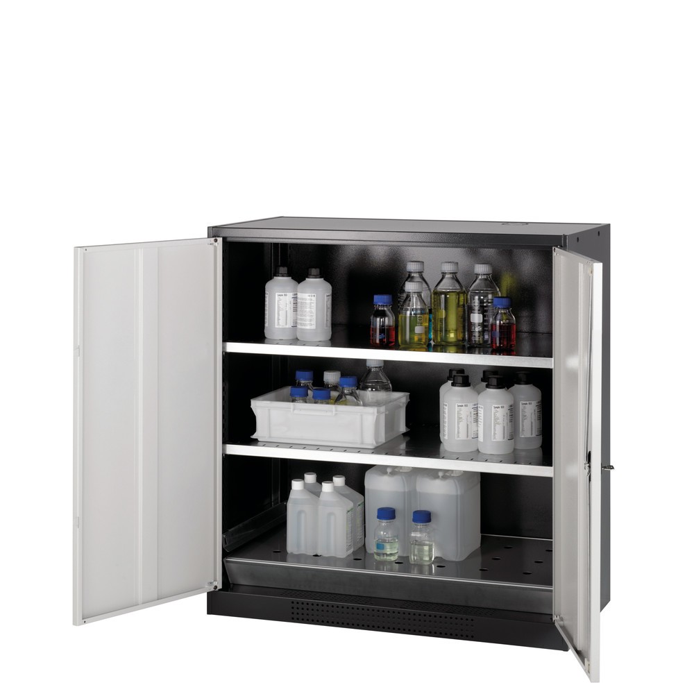 Zdjęcie produktu nr 1: Szafa na chemikalia asecos® CS-CLASSIC, z denną wanną ociekową z blachą dziurkowaną i 2 półkami, wys. x szer. x gł. 1105 x 1055 x 520 mm, kolor jasnoszary