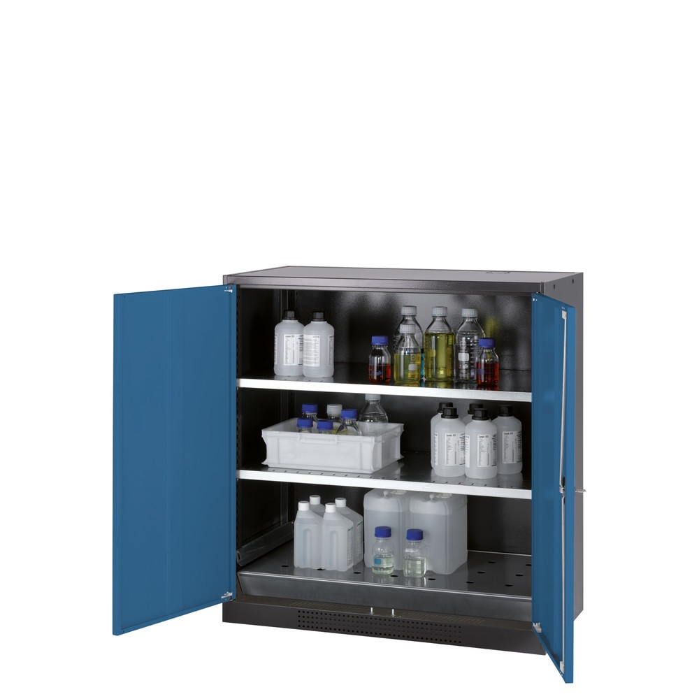 Zdjęcie produktu nr 1: Szafa na chemikalia asecos® CS-CLASSIC, z denną wanną ociekową z blachą dziurkowaną i 2 półkami, wys. x szer. x gł. 1105 x 1055 x 520 mm, kolor gencjanowy niebieski