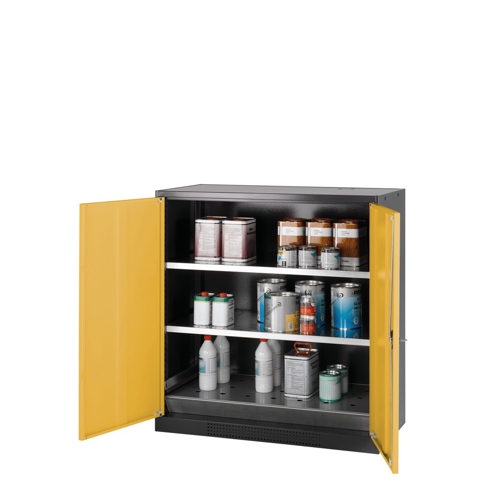 Zdjęcie produktu nr 1: Szafa na chemikalia asecos® CS-CLASSIC, z denną wanną ociekową z blachy dziurkowanej i 2 półkami, wys. x szer. x gł. 1105 x 1055 x 520 mm, kolor żółtozłoty
