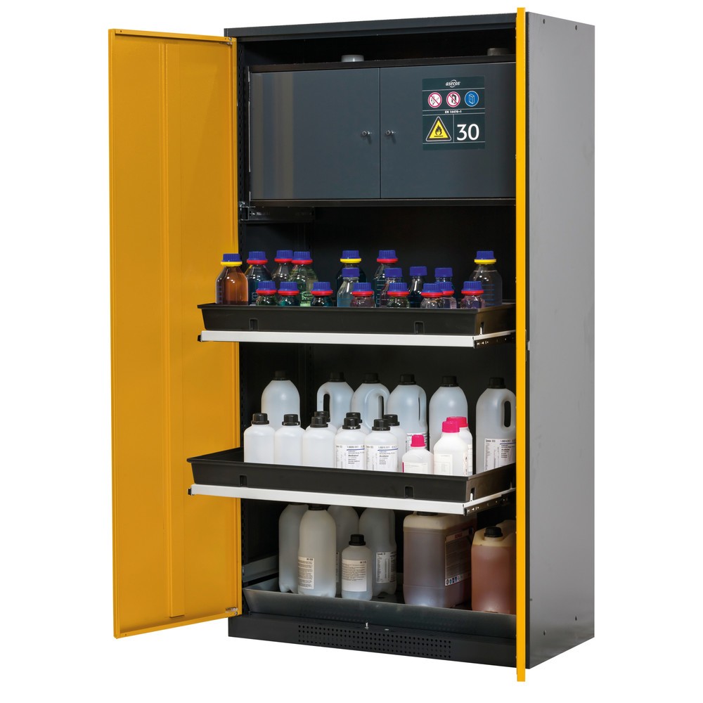 Zdjęcie produktu: Szafa na chemikalia asecos® CS-CLASSIC-F z sejfem typu 30, tacą PP i 3 wysuwanymi półkami, wys. x szer. x gł. 1950 x 1055 x 520 mm, jasnoszara