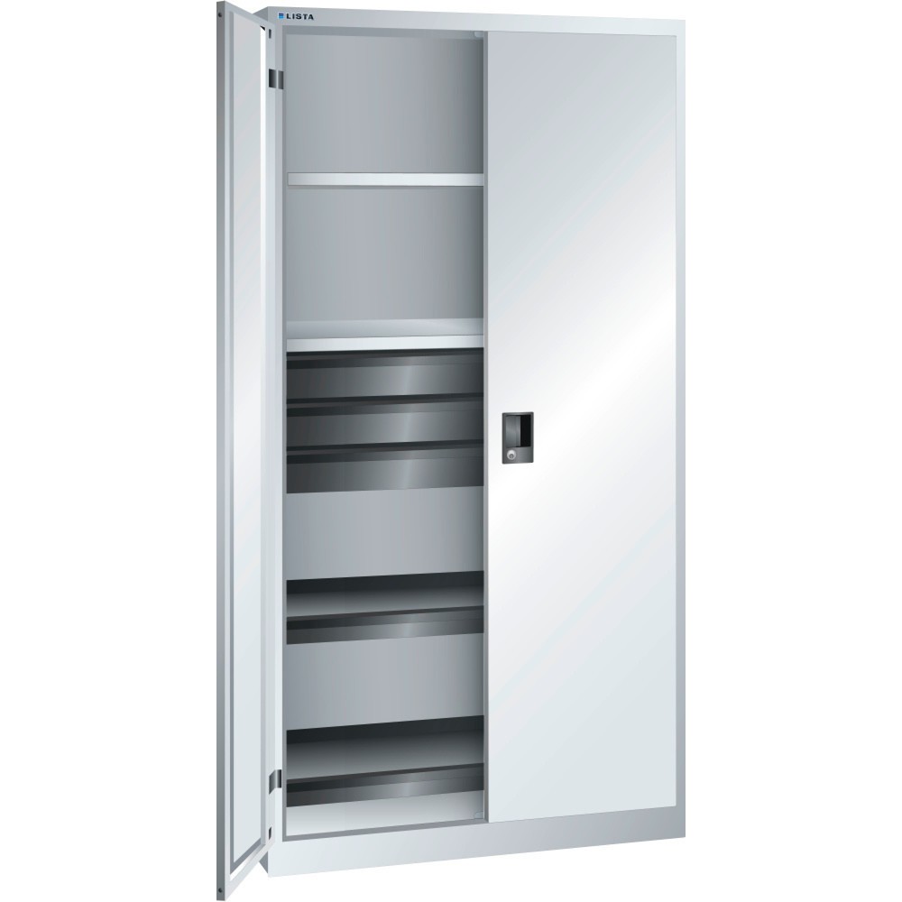 Zdjęcie produktu: Szafa narzędziowa LISTA, (szer. x gł. x wys.) 1000 x 580 x 1950 mm, 2 wysuwane tace, 3 szuflady, jasnoszara, KEY Lock