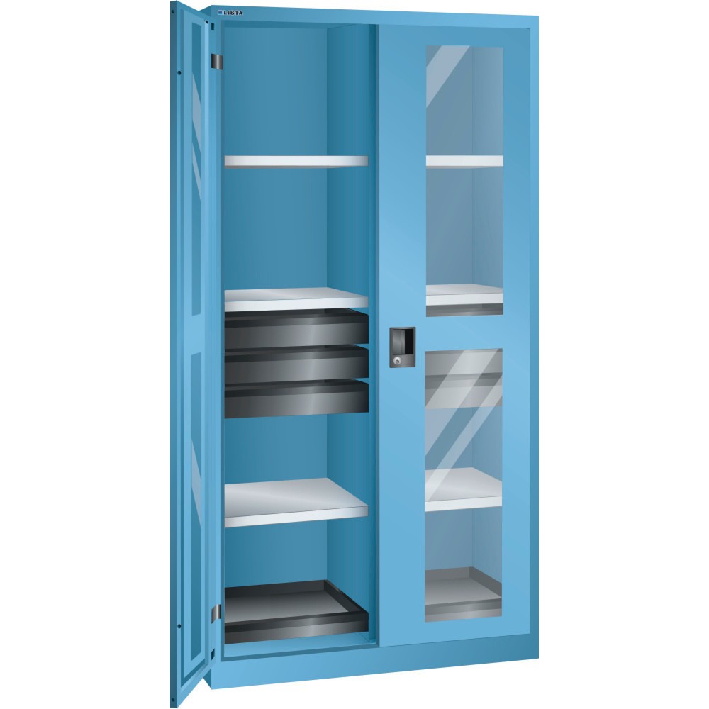Zdjęcie produktu: Szafa narzędziowa LISTA, (szer. x gł. x wys.) 1000 x 580 x 1950 mm, 2 wysuwane tace, 6 szuflad, jasnoniebieska, KEY Lock