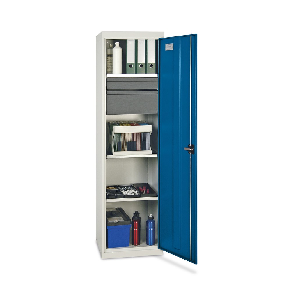 Zdjęcie produktu: Szafa warsztatowa z drzwiami skrzydłowymi stumpf® z 2 szufladami i 3 półkami z obrzeżem, wys. x szer. x gł. 1800 x 500 x 500 mm, jasnoszara