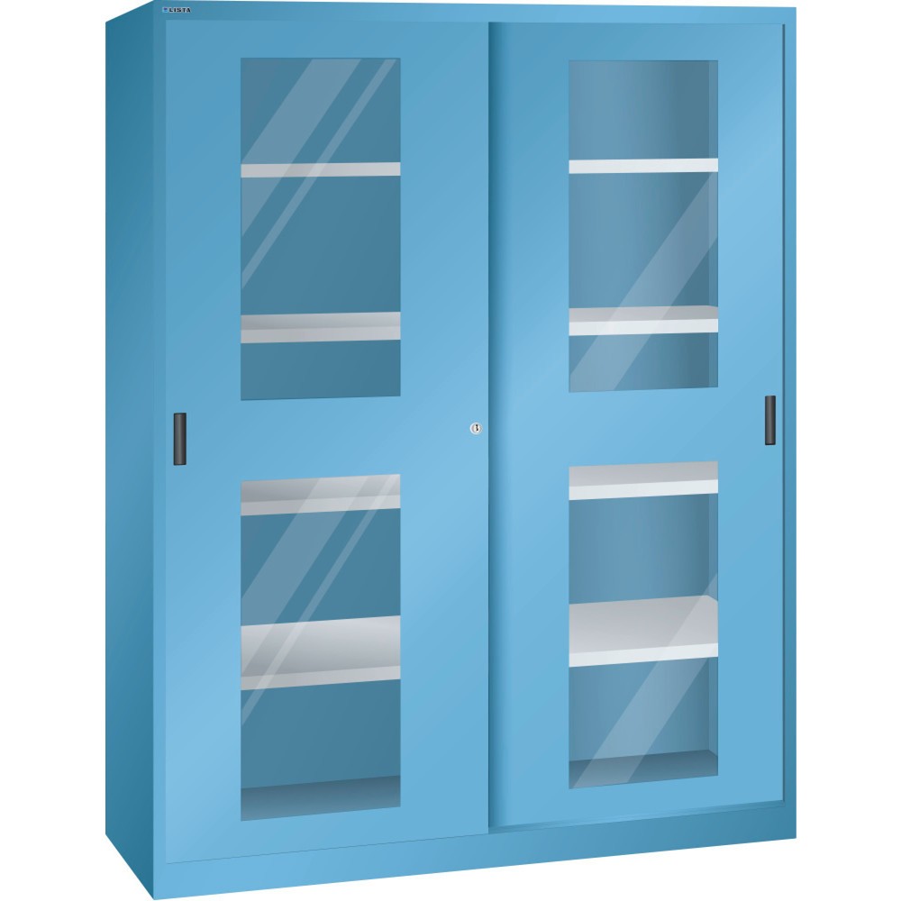 Zdjęcie produktu: Szafa z drzwiami przesuwnymi LISTA (szer. x gł. x wys.) 1500 x 400 x 1950 mm, 8 regulowanych półek, okno, głębokość 400 mm, jasnoniebieska