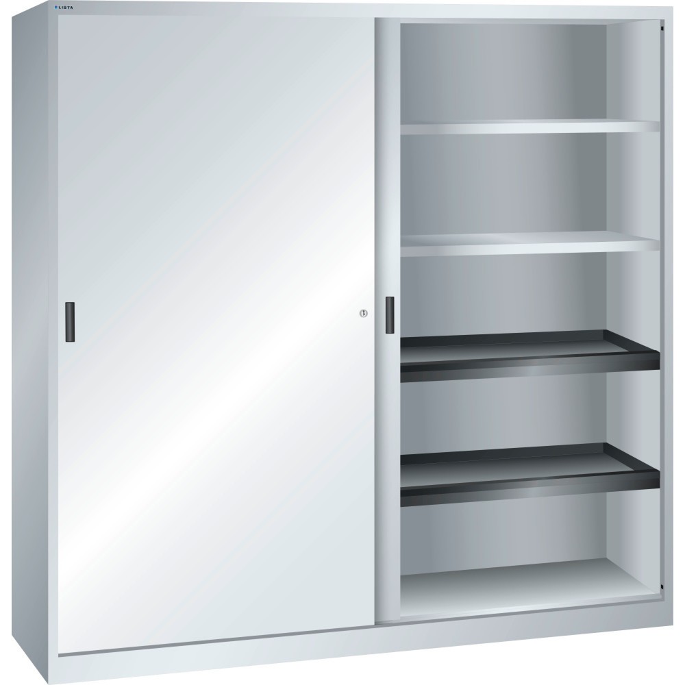 Zdjęcie produktu: Szafa z drzwiami przesuwnymi LISTA, (szer. x gł. x wys.) 2000 x 580 x 1950 mm, 4 półki wysuwane, 4 półki regulowane, jasnoszary