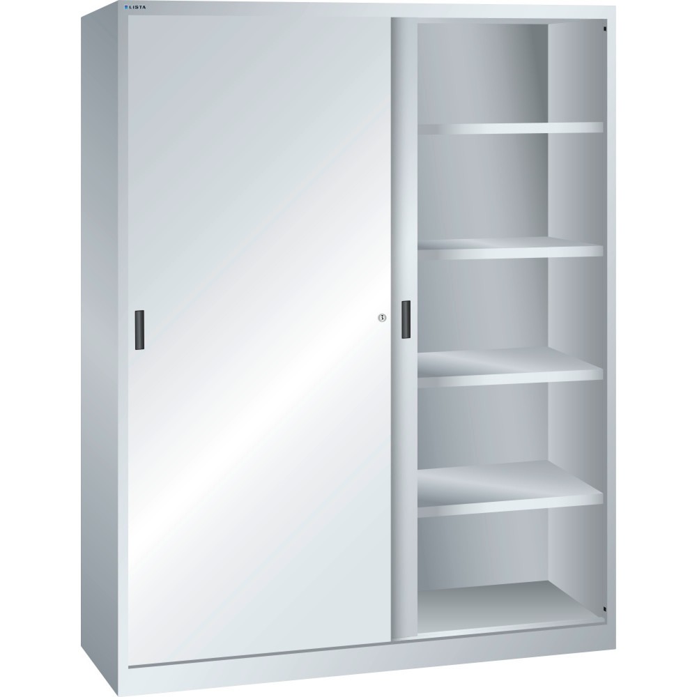 Zdjęcie produktu: Szafa z drzwiami przesuwnymi LISTA, (szer. x gł. x wys.) 1500 x 400 x 1950 mm, 8 regulowanych półek, jasnoszary