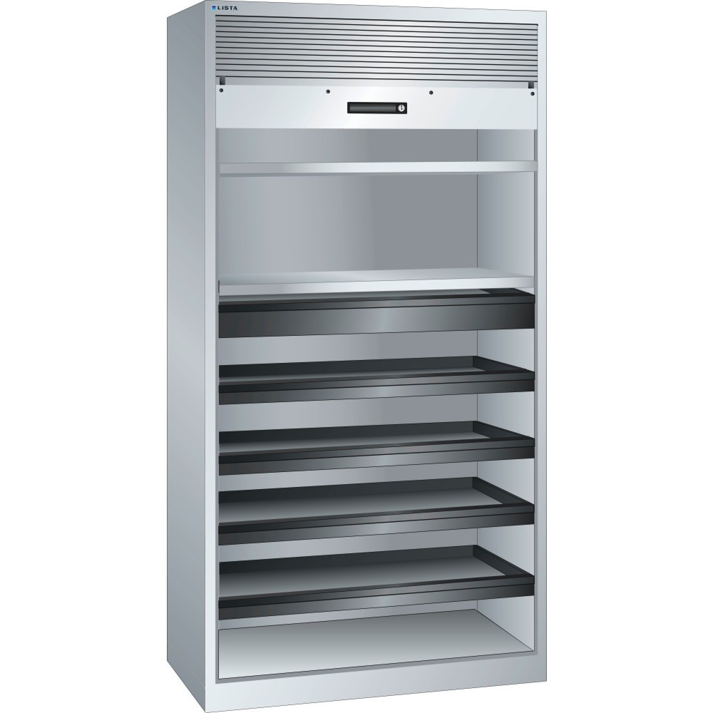Zdjęcie produktu: Szafa z roletą LISTA, (szer. x gł. x wys.) 1000 x 580 x 1950 mm, 4 półki wysuwane, 2 półki regulowane, jasnoszara