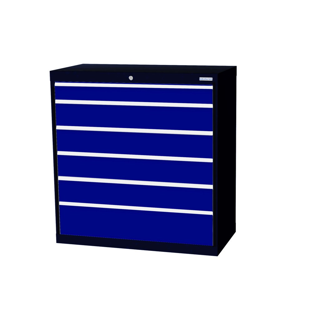 Zdjęcie produktu: Szafa z szufladami Bedrunka+Hirth Profi, szuflady 1 x 100 + 4 x 150 + 1 x 200 mm, wys. x szer. x gł. 1019 x 980 x 500 mm, szary antracyt, niebieski gencjanowy