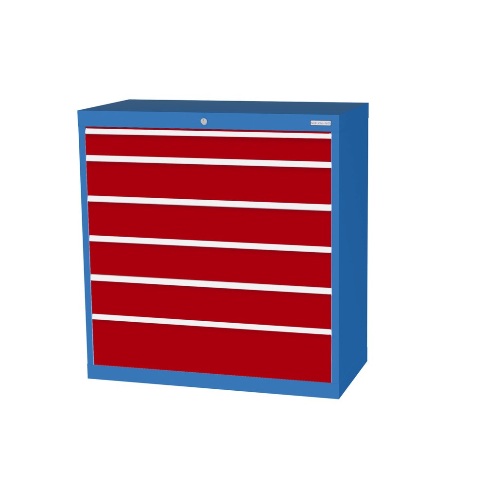 Zdjęcie produktu: Szafa z szufladami Bedrunka+Hirth Profi, szuflady 1 x 100 + 4 x 150 + 1 x 200 mm, wys. x szer. x gł. 1019 x 980 x 500 mm, niebieski jasny, czerwony rubinowy