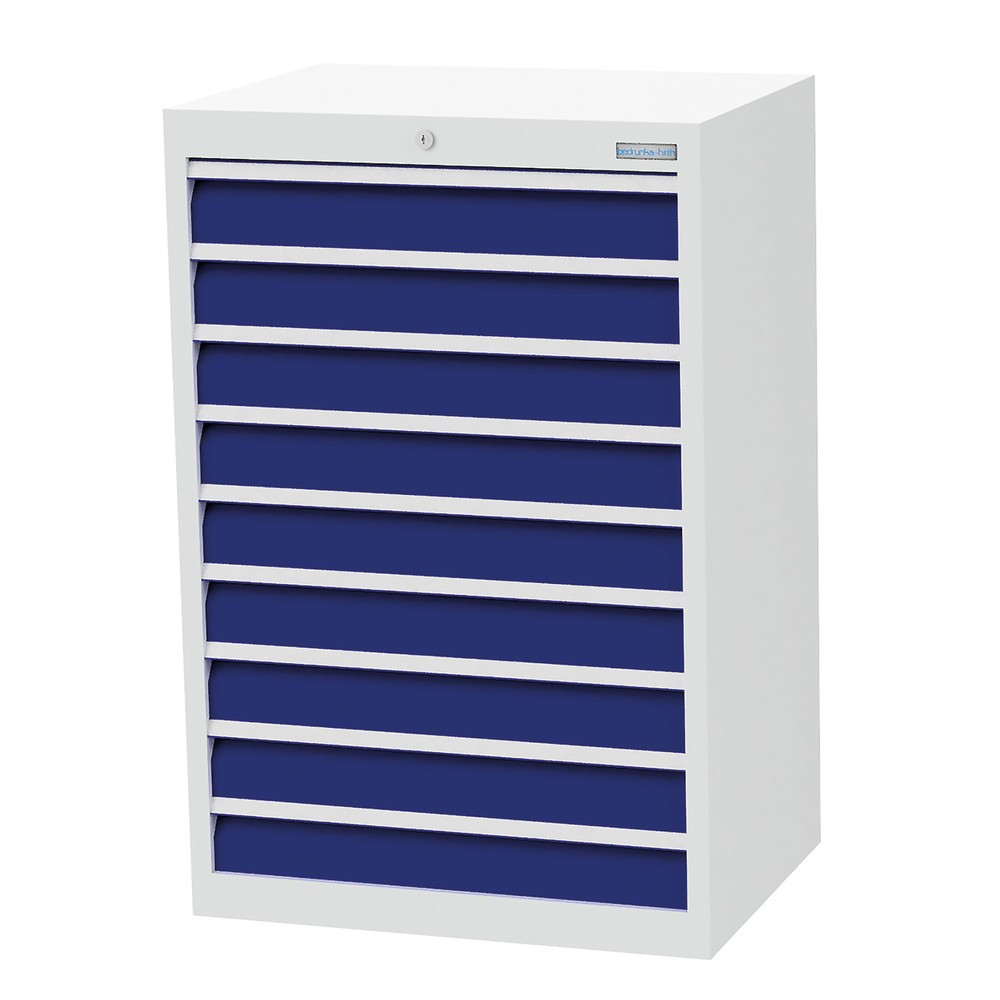 Zdjęcie produktu nr 1: Szafa z szufladami Bedrunka+Hirth Profi, szuflady 9 x 100 mm, wys. x szer. x gł. 1019 x 680 x 500 mm, jasnoszary, niebieski gencjanowy