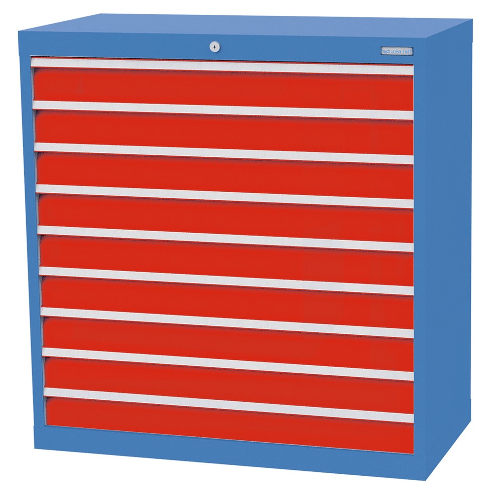 Zdjęcie produktu nr 1: Szafa z szufladami Bedrunka+Hirth Profi, szuflady 9 x 100 mm, wys. x szer. x gł. 1019 x 980 x 500 mm, niebieski jasny, czerwony drogowy