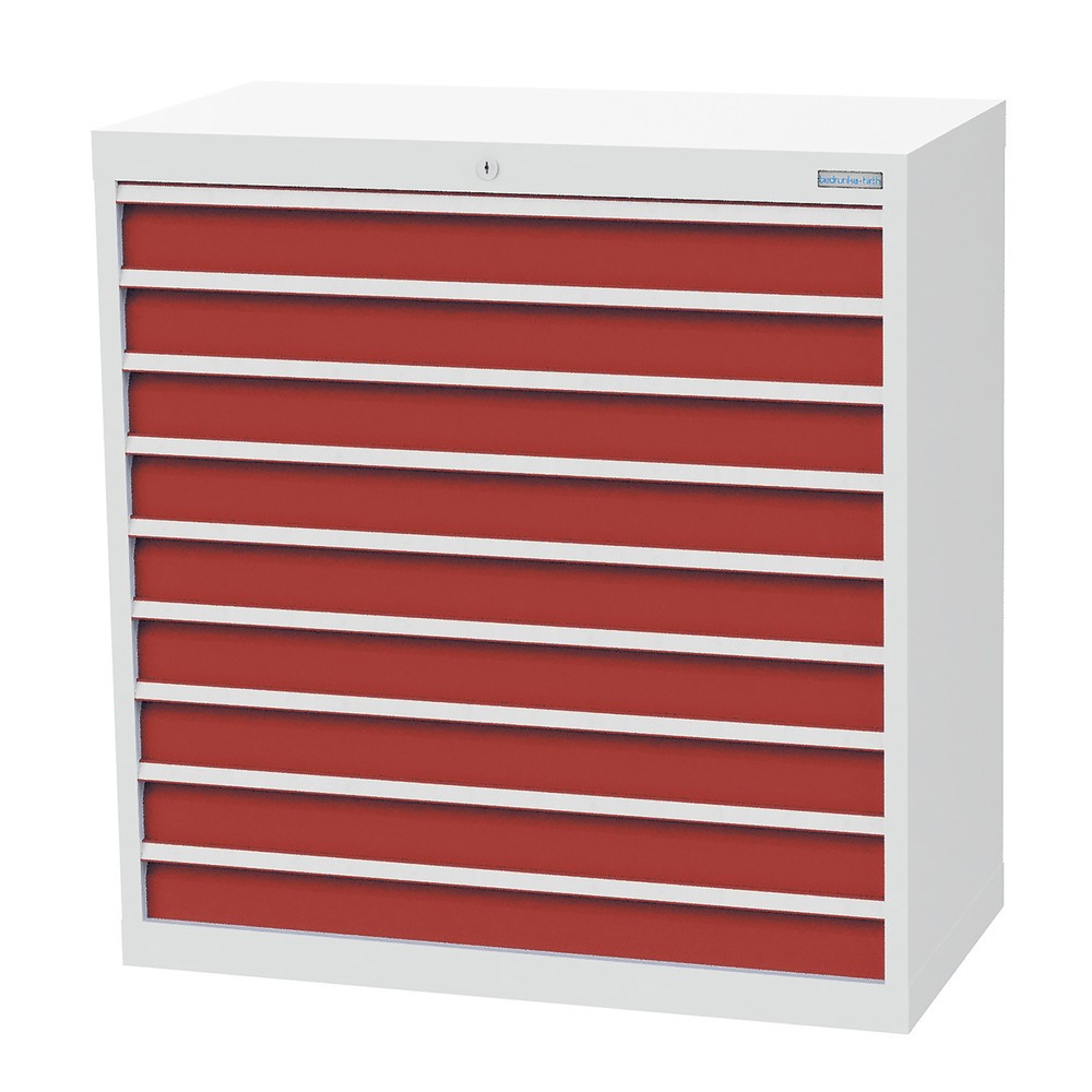 Zdjęcie produktu nr 1: Szafa z szufladami Bedrunka+Hirth Profi, szuflady 9 x 100 mm, wys. x szer. x gł. 1019 x 980 x 500 mm, jasnoszary, czerwony rubinowy