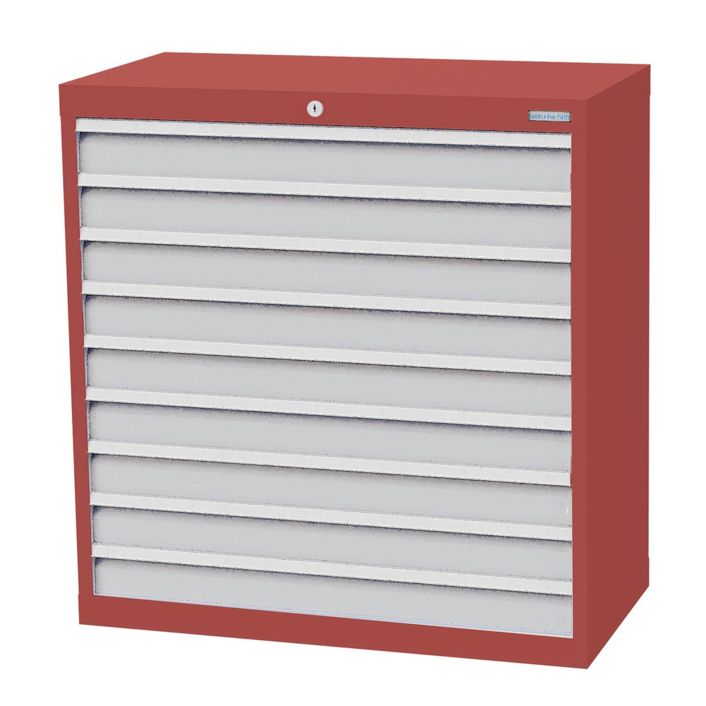 Zdjęcie produktu nr 1: Szafa z szufladami Bedrunka+Hirth Profi, szuflady 9 x 100 mm, wys. x szer. x gł. 1019 x 980 x 500 mm, czerwony rubinowy, jasnoszary